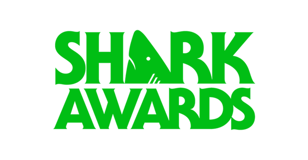 Logo reading 'SHARK AWARDS' in bold green letters on a white rectangle, set against an orange background.